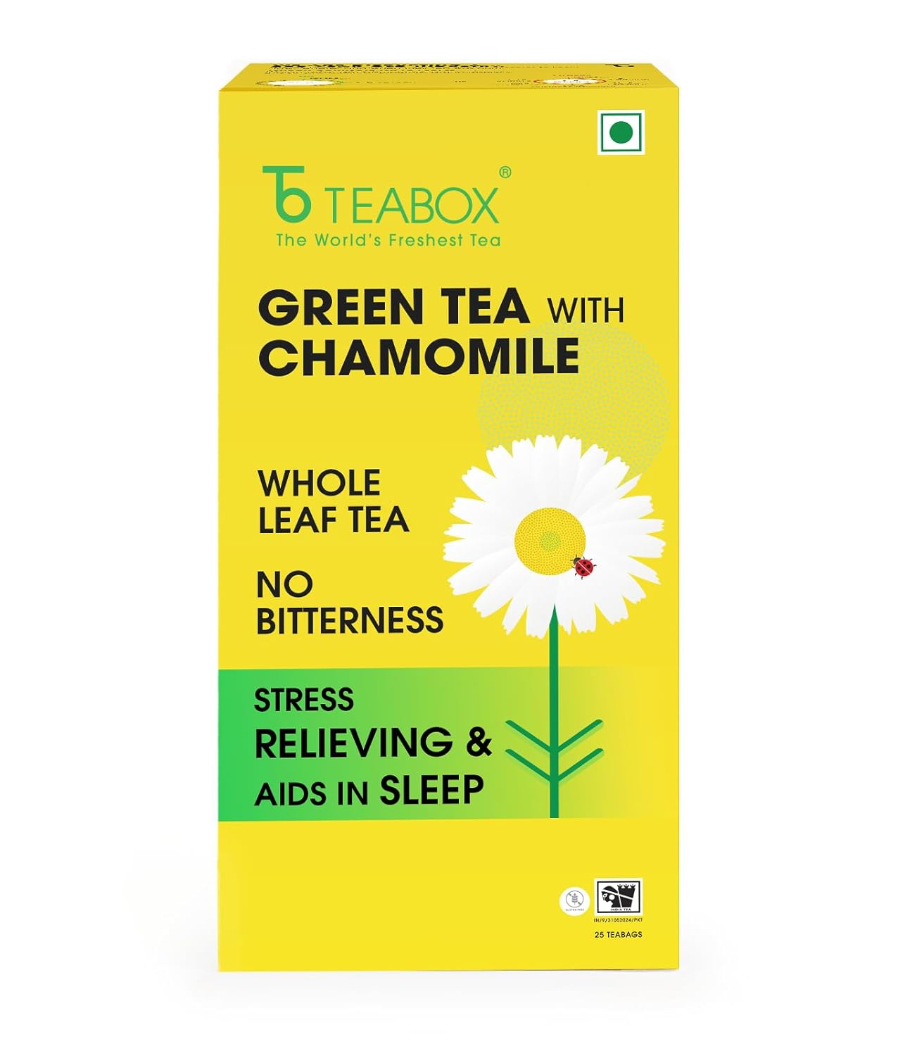 Teabox Chamomile Green Tea 25 Tea Bags | With Egyptian Chamomile Flowers & Whole Leaf Green Tea | Calming Blend for Relaxation & Sleep | Low Caffeine, Fresh & Aromatic