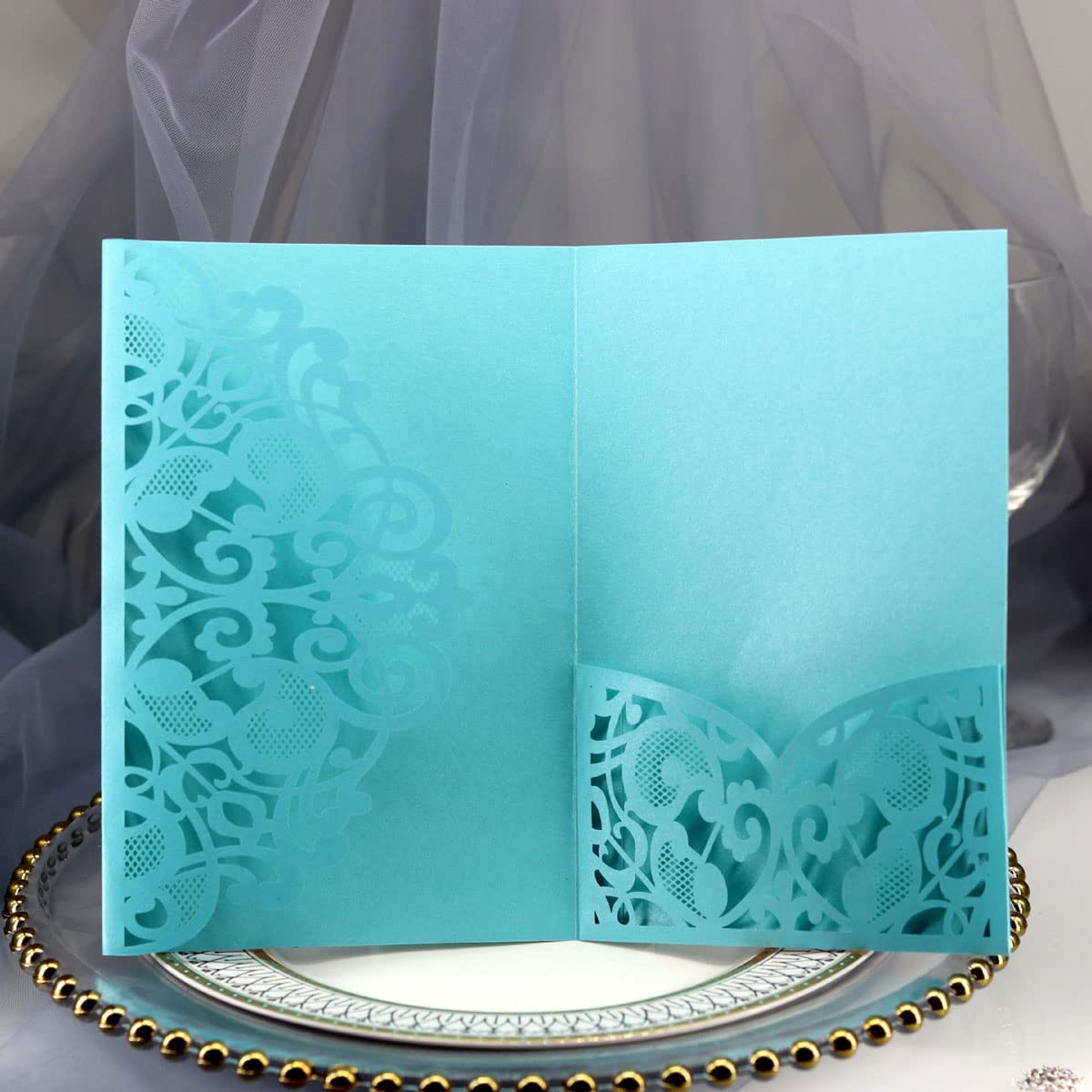 Delikatna romantyczna karta z zaproszeniem na przy Koperty - 50 sztuk zaproszeń czystych - personalizowane zaproszenia papierowe na przyjęcie zaręczynowe lub eleganckie zaproszenia(Light Blue,Blank)