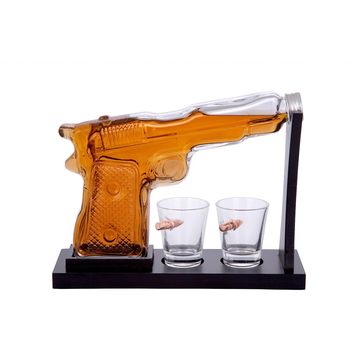 Bouteille de liqueur pistolet en verre travaillé avec ses verres de dégustation