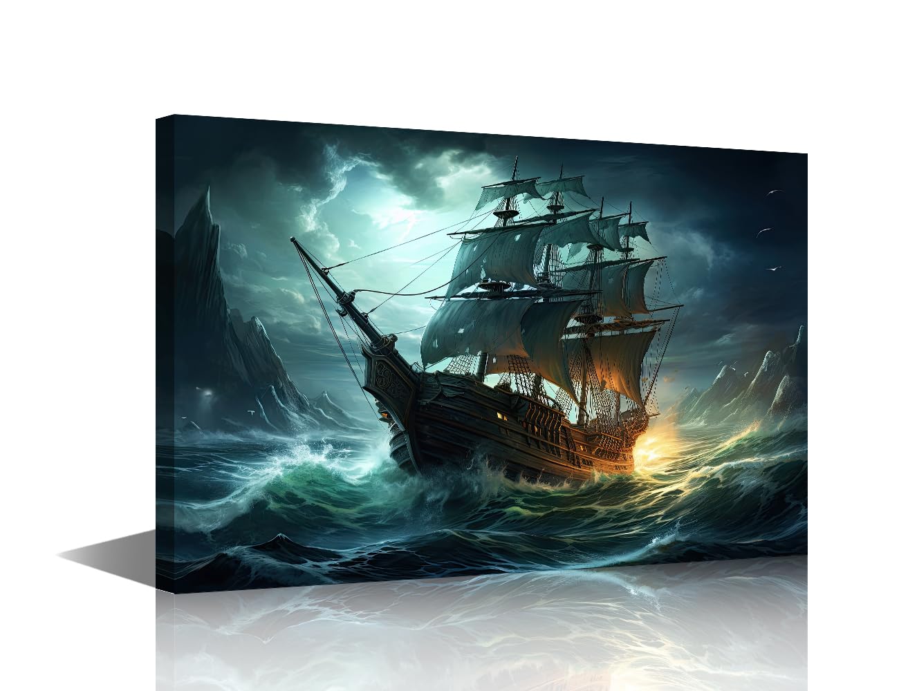 Wall Decor Fantasy Canvas Wall Art Pirate Ship Modern Artwork for Office Pirate Ship in Stormy Sea Picture Print on Canvas Wall Decorations Framed Ready to Hang for Living Bedroom Home 24x16 in
