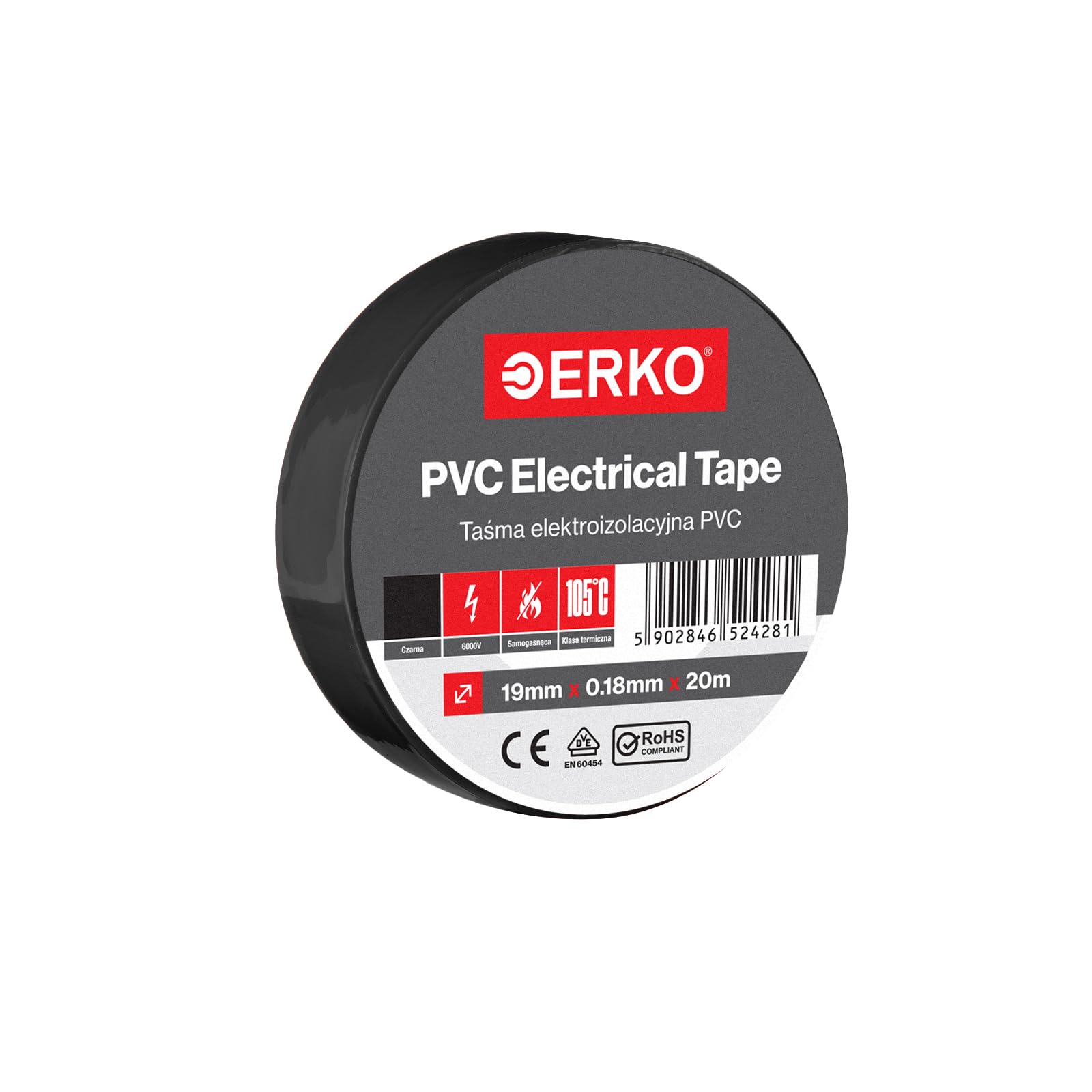 ERKO Nastro Isolante elettrico nero 19 mm x 20 m PVC Per isolare Riparare e legare, nastro adesivo, Per tensioni fino a 6 kv, elettrici professionali, flessibile, autoestinguente