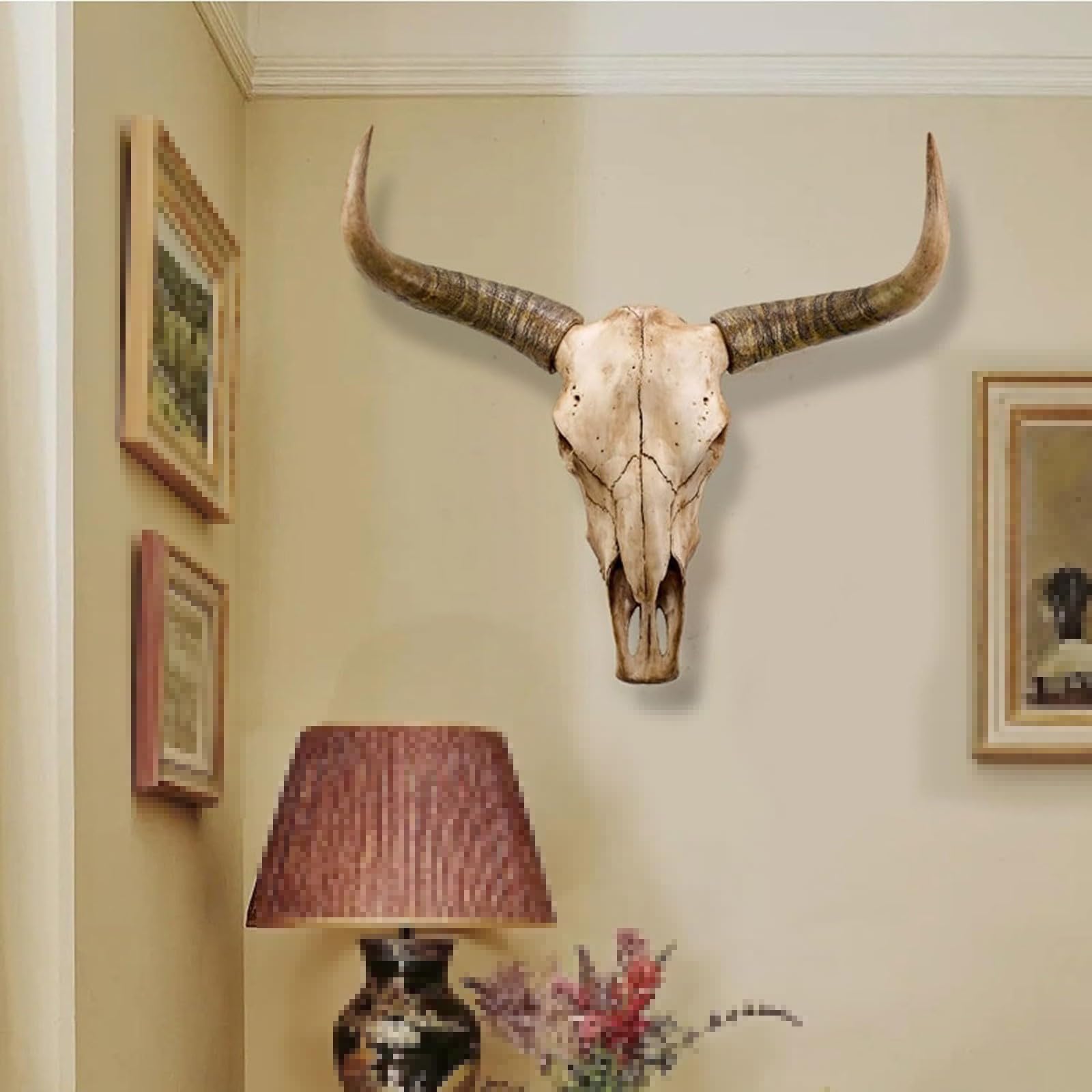Grande Testa di Toro Animale da Appendere Alla Parete Decorazione In Resina Teschio di Mucca Scultura 3d per Casa Rustica Halloween Creativo(H-68 * 64cm/26 * 25in)