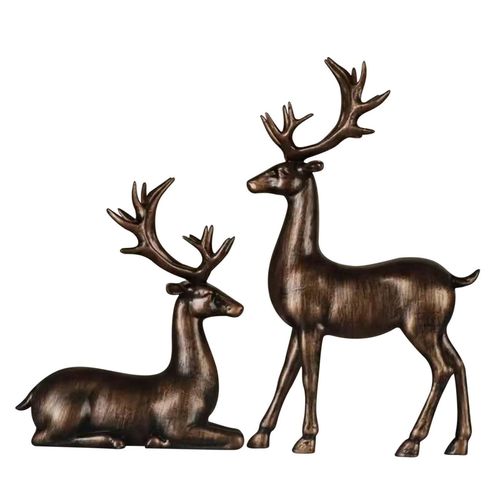 2Pcs Reindeer Christmas Decorations, A Pair of Reindeer Figurines- Shiny Electroplated Metal Surface, Non-Fading, Christmas Deer Ornaments for Living Room, Bedroom, Bookshelf, Desktop，Bronze