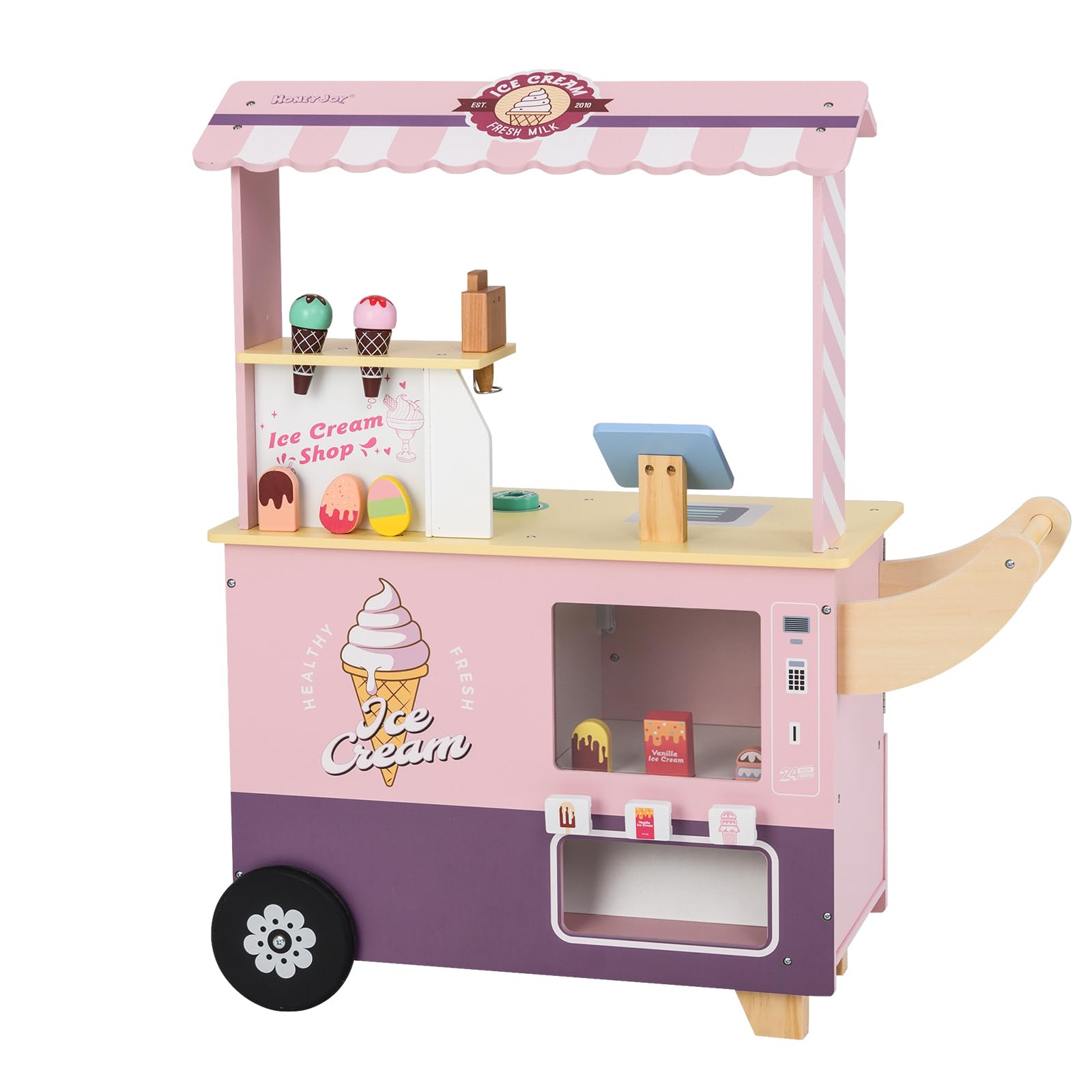 RELAX4LIFE Giocattolo Carrello Gelato per Bambini con 15 Pezzi di Giocattoli, Bancarella Gelato con Distributore Automatico, Espositore e Cassa, Carrello Gelato Mobile per Bambini 3+ Anni (ROSA)
