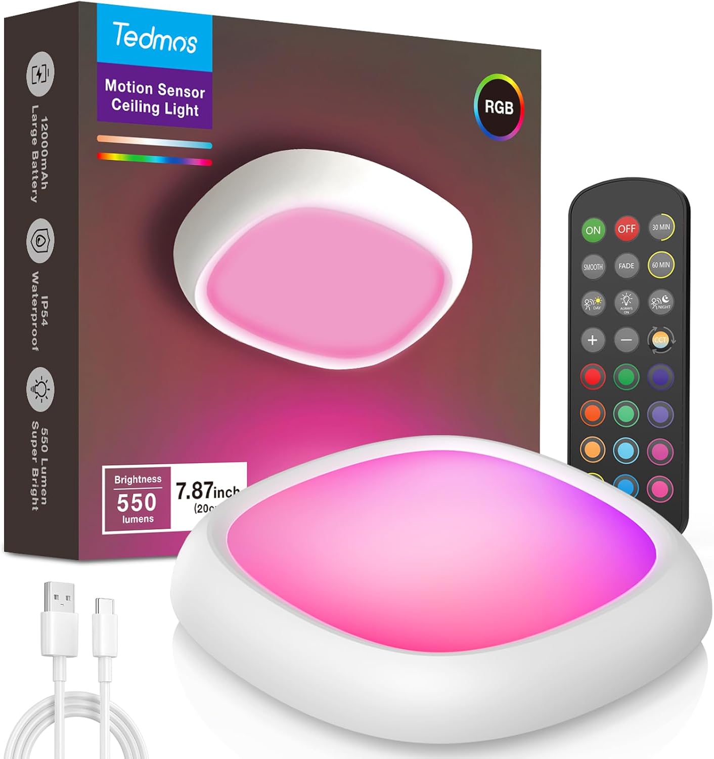 Rechargeable IP54 Waterproof Shower Light Indoor, 12000mAh Motion Sensor Wireless RGB Ceiling Light with Remote No Wiring, Battery Operated Closet Lights Cordless LED Overhead Lighting for Bathroom White 1 Pack