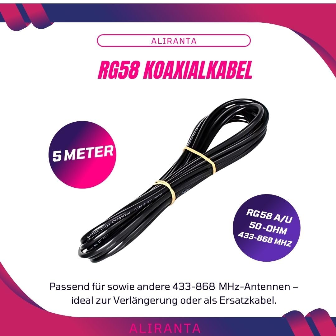 RG58 A/U kabel koncentryczny 5 metrów – wysokiej jakości kabel antenowy pasujący do kabli antenowych 433 – 868 MHz, 50 omów, idealny do napędów bram, automatyki domowej, odbiornika radiowego