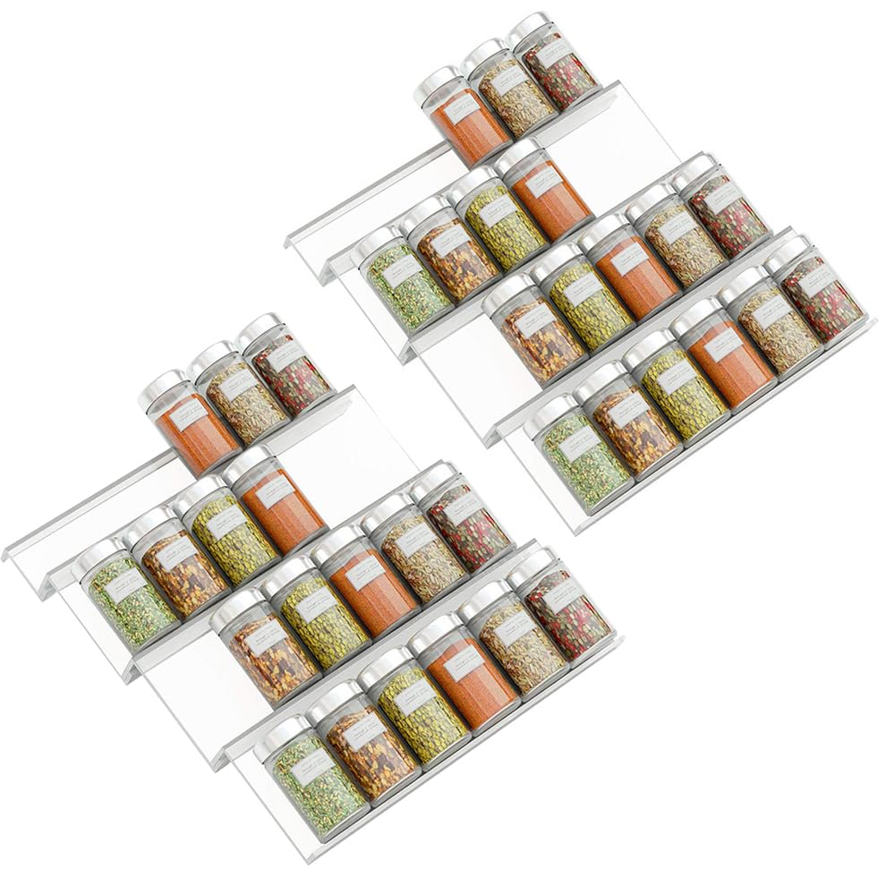 Clear Acrylic Spice Drawer Organizer, 4 Tier- 2 Set Expandable From 325 to 65 Seasoning Jars Drawers Insert, Kitchen Spice Rack Tray for DrawerCountertop (Jars not included)