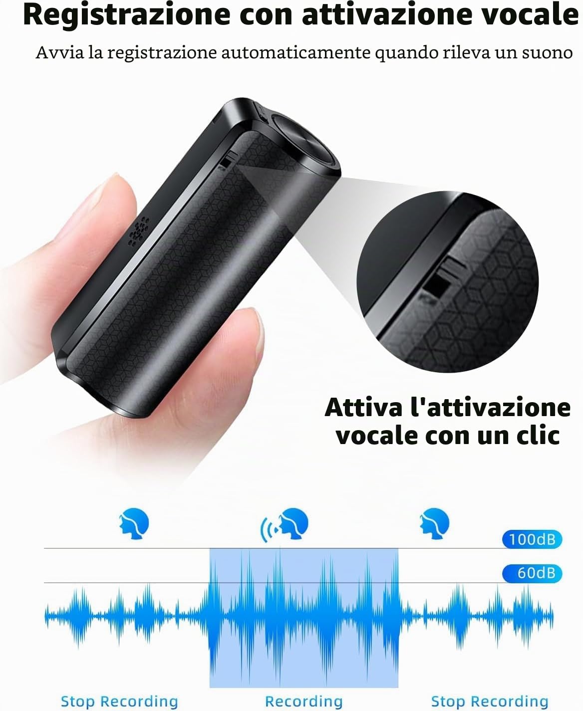 Registratore vocale magnetico da 128 GB, dispositivo di registrazione con 600 ore di registrazione continua, registratore audio con riproduzione, registratore ad attivazione vocale, ideale per