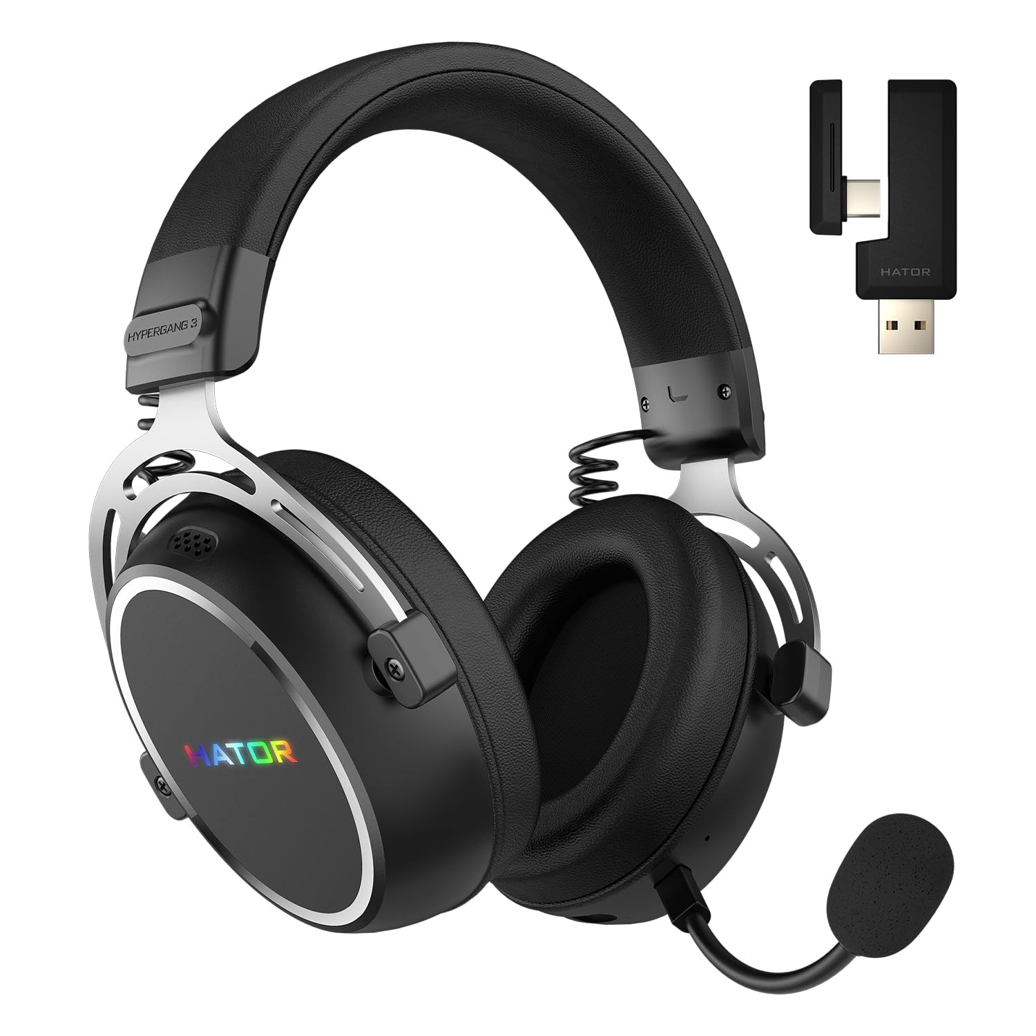 HATOR Hypergang 3 Wireless Gaming-Headset – Hi-Res Audio, Hybrid ANC, 45h Akku, Spatial Audio, Bluetooth & 2.4GHz, abnehmbares Mikrofon, RGB, Head Tracking, SyncHUB App – Schwarz