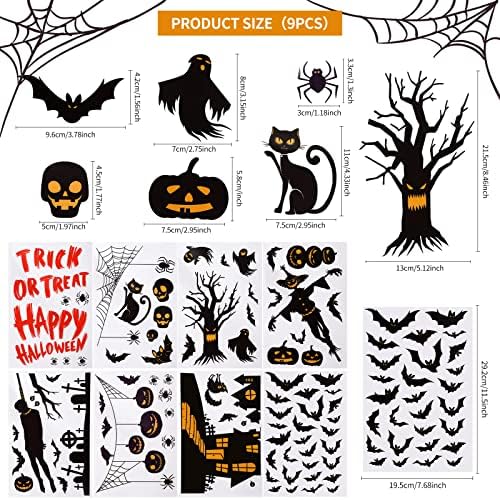 GLAITC Halloween Window Stickers, 9 Sheets Reusable Halloween Window Clings Double Side Window Decals Bats Spider Monster Spooky Pumpkin Ghost Window Decorations for Halloween Party Favors Supplies