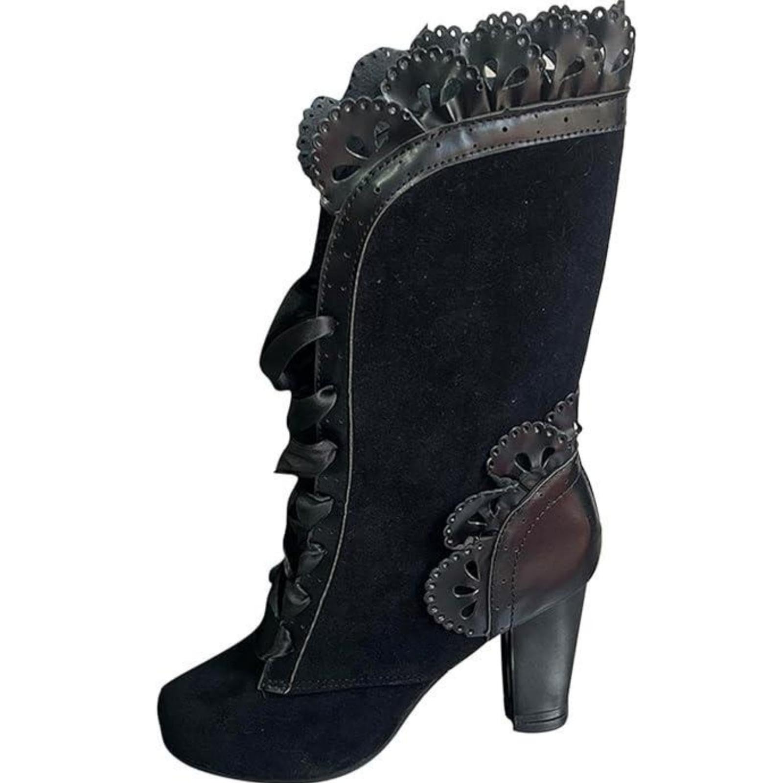 Victorian Boots for Women Vintage Cute Bow Knot Cosplay Costumes Witch Renaissance Shoes Chunky Heel Mid-Calf Goth Boot