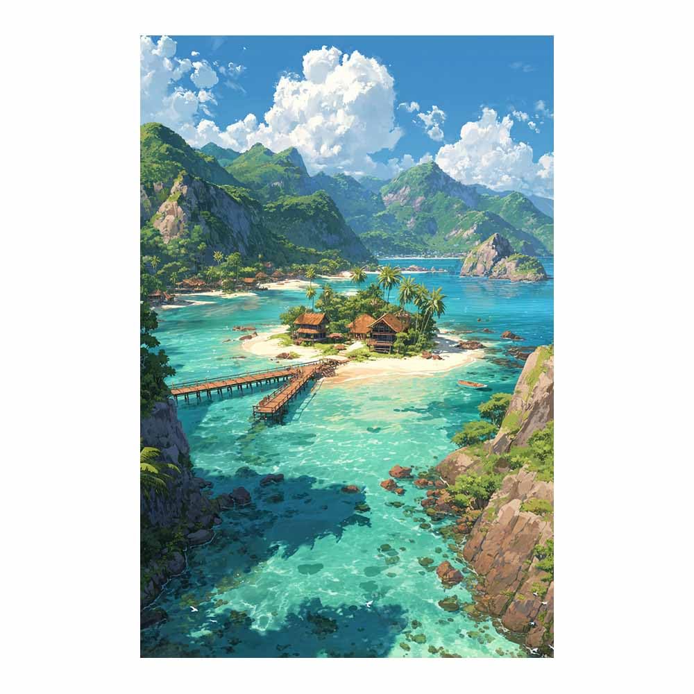 HOQIU Natural scenery wall art Tropical Island Village Art decorative painting, wall art, for Living Room Bathroom Bedroom Kitchen Decoration.(Multicolor)-60x80cm Unframed