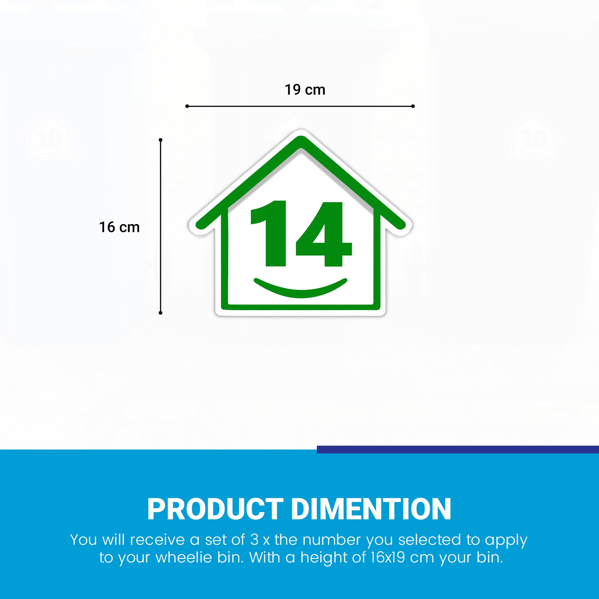 3 x Bin Numbers for Wheelie Bins, 1-99, 15cm ‘Happy House’ Colour Design Dustbin Stickers, Easy Application Stick On Number Stickers - Weatherproof Self Adhesive Vinyl – Blue, Black and Green (14) — view 6
