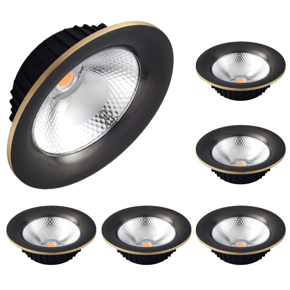 ASerZenith 6 Pcs Round Downlight Luminaire, Brushed Brass Finish, Led Recessed Light Fixtures Dimmable 3000K-6000K, 12W Eyeball Retrofit Spotlight, Cri 90+, Baffle Trim,Black