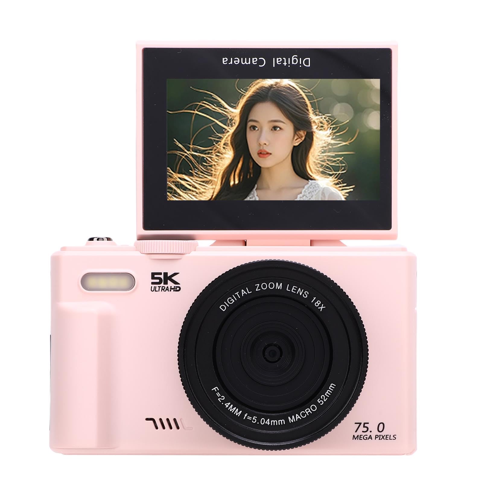 Fabater Fotocamera Digitale 5K, Fotocamera per Vlogging WiFi da 75 MP con Schermo Flip da 3 Pollici 180, Luce LED e Scheda di Memoria da 64 GB, Fotocamere da Viaggio