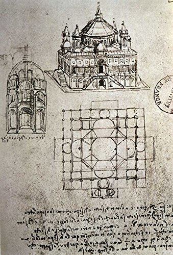ART-CANVAS-stretched-on-WOODEN -BARS Bosquejo de una iglesia cuadrada con cúpula central y Minarete Da Vinci Leonardo - Arquitectura imagen vertical arquitectura iglesia 27_X_18_in