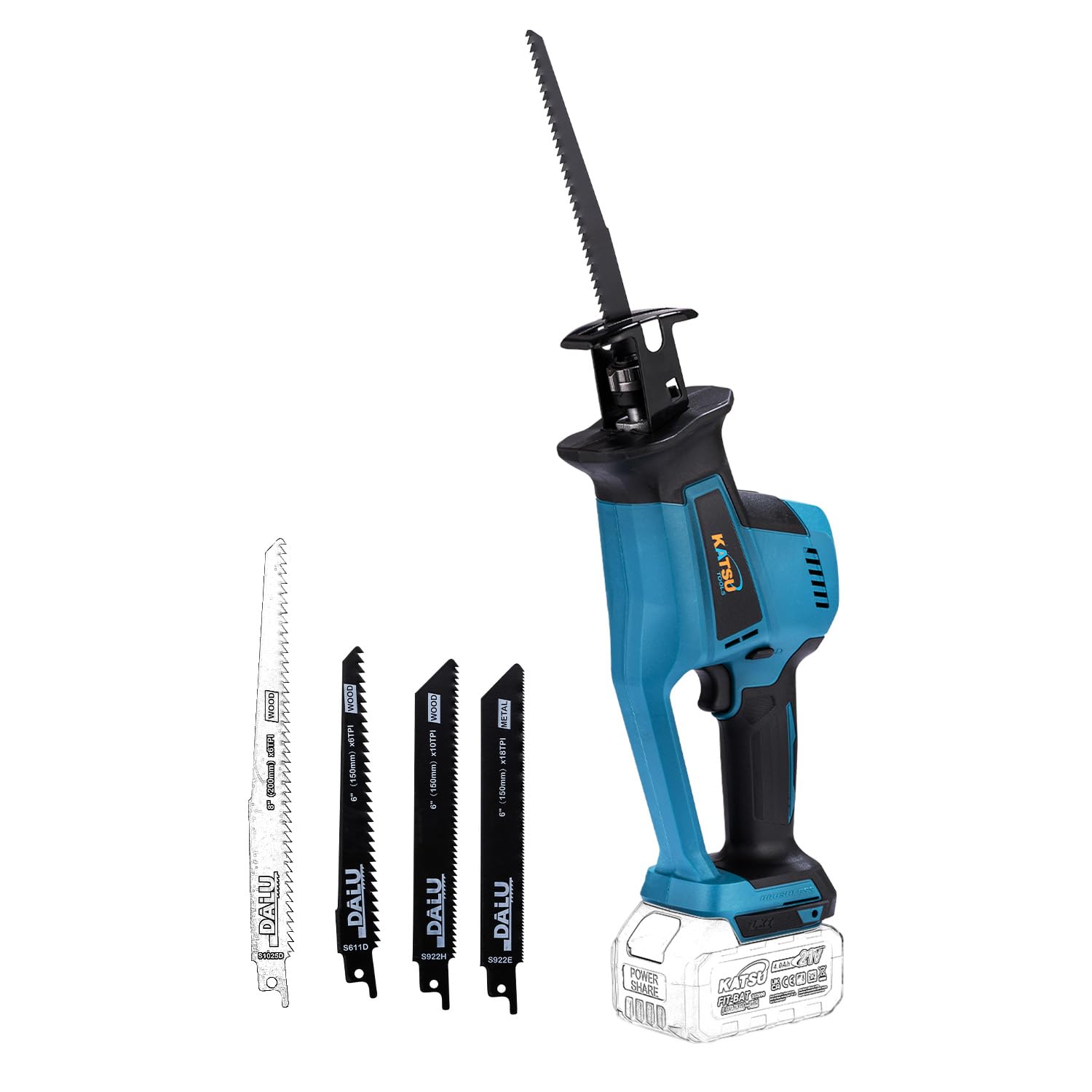 KATSU FIT-BAT 21V Professional Brushless Cordless Reciprocating Saw, 18mm Cutting Stroke, Tool-Free Blade Change, D-Handle, 4 PCs Budget Blades Included, No Battery 102778