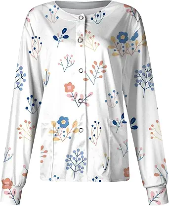 Printed Scrub Jackets for Woman Print Long Sleeve Plus Size Womens Scrubs for Women Nursing Jacket with Pockets