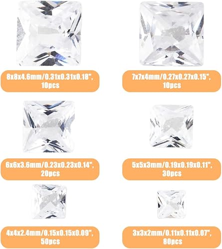 Miniatura 2 de 200 unidades de 6 tamaños cuadrados de circonitas cúbicas cabujones sueltas de circonita cúbica, cabujones facetados con parte trasera plana, gemas