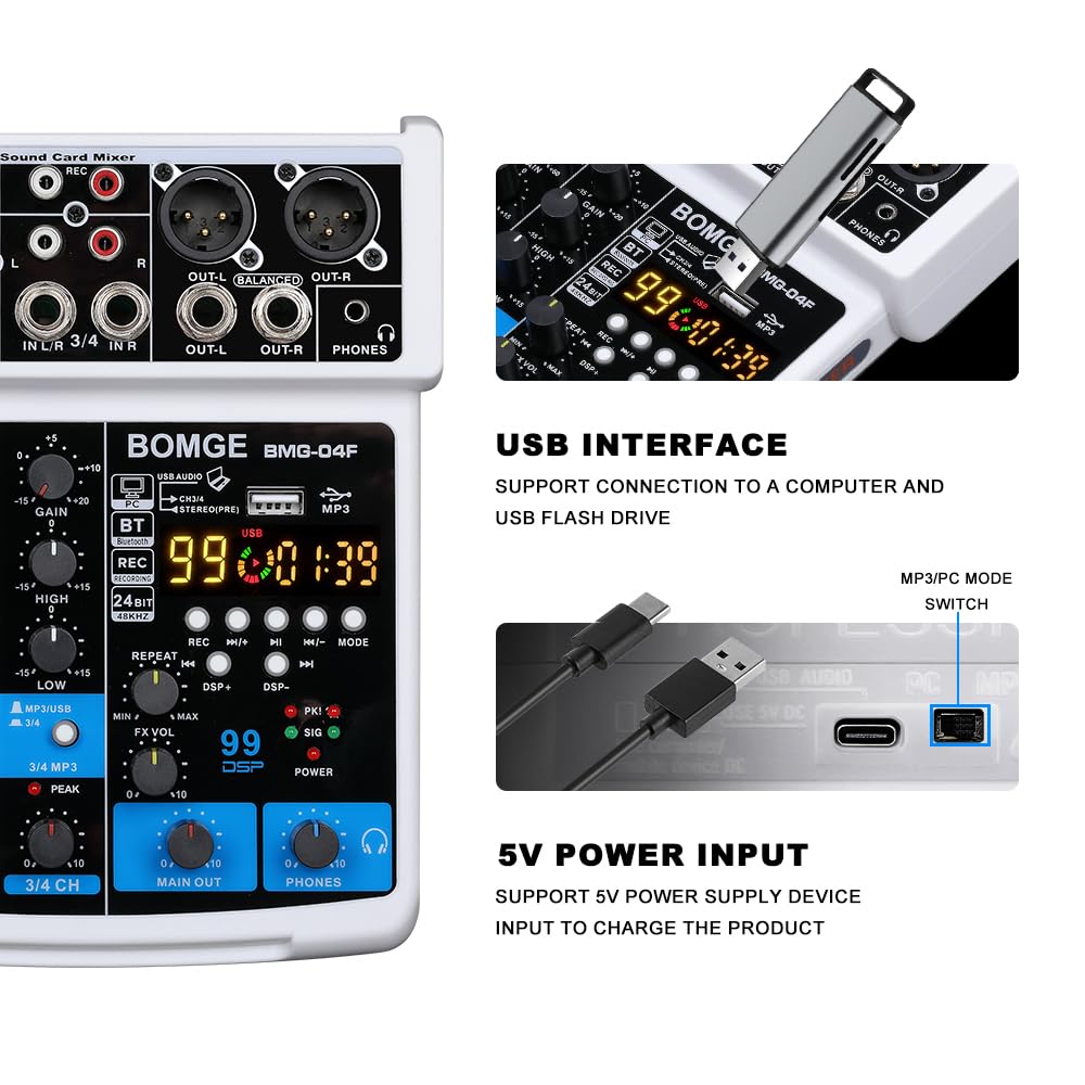 BOMGE-04F 4-Kanal-DJ-Audio-Soundmixer mit MP3/USB Bluetooth, Stereoaufnahme/48 V/24 DSP Echo-Effekte für Live-Übertragung, Karaoke, Performance, Kirchengesang und Musikproduktion (Weiß-4f)