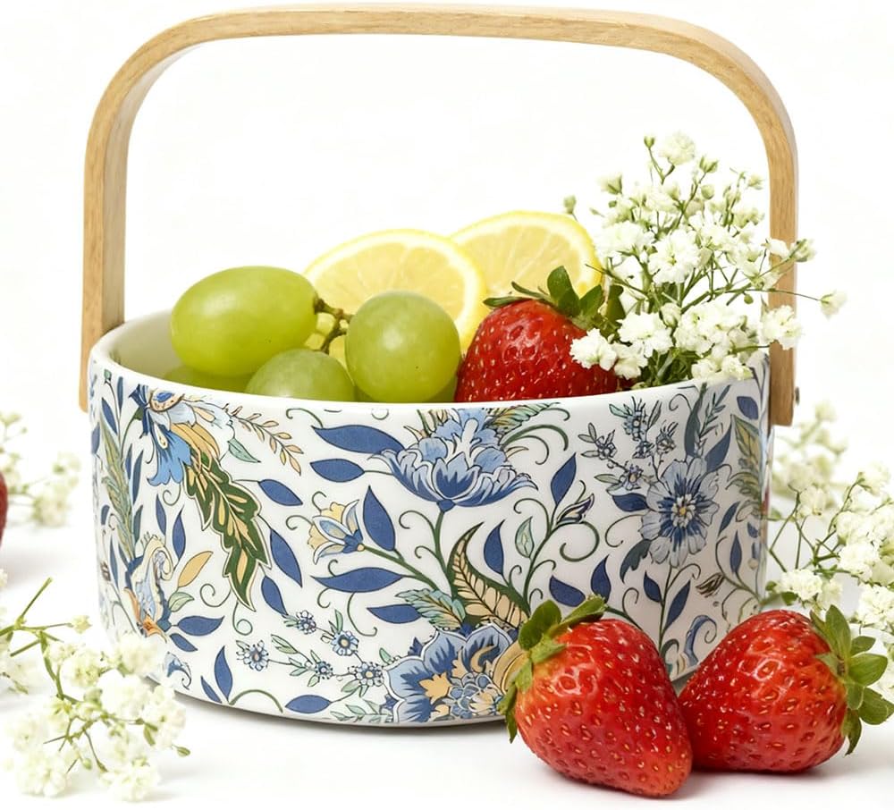 Ceramic Candy Bowl with Wood Handle Candy Dish Wedding Decorative Serving Bowl,Easter Basket,Kitchen Dining Table Office Decor(White)