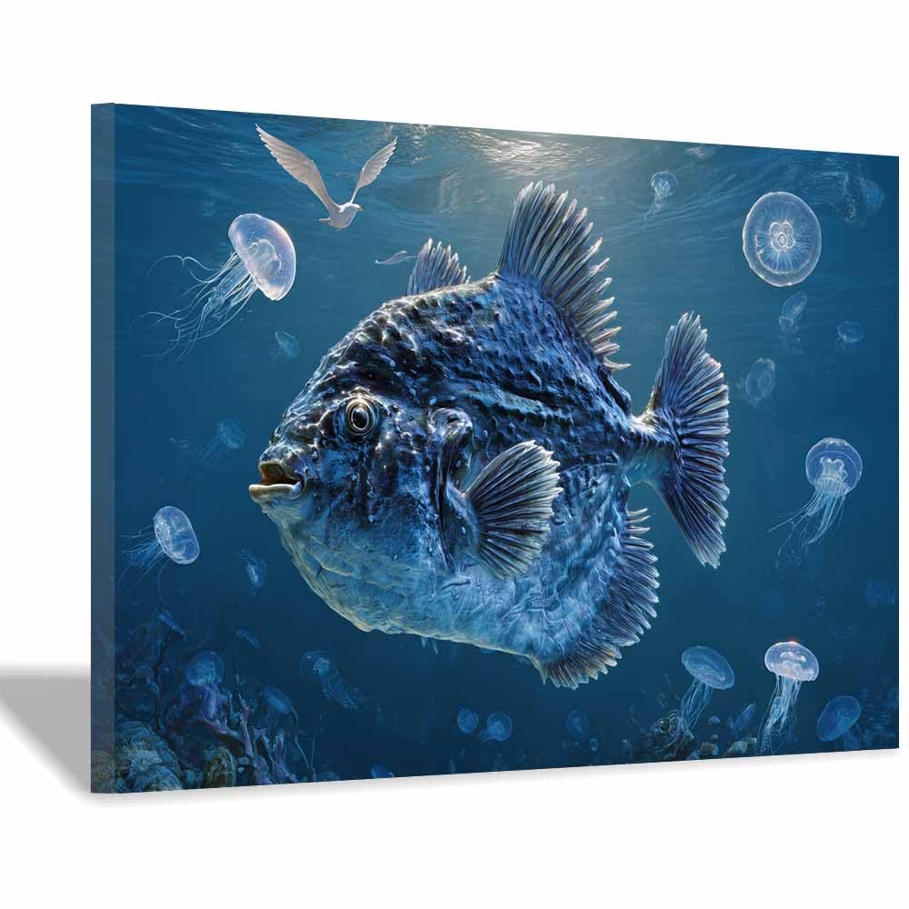 HUYEEI Blue marine animals Landscapes Paintings Fish Accompanying Jellyfishs Seascape Poster Nature Print for Livings Room Hang Bedroom Bathroom Decor(blue)-70x100cm Framed