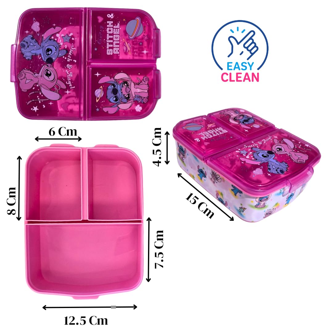 Stor, Sandwichera Stitch y Angel, Fiambrera para Niñas, Lonchera Porta Alimentos Escolar para Snacks, Almuerzos y Meriendas, con 3 Divisiones, Ligera y Fácil de Limpiar Reutilizable (Kawaii) 17x14x5Cm
