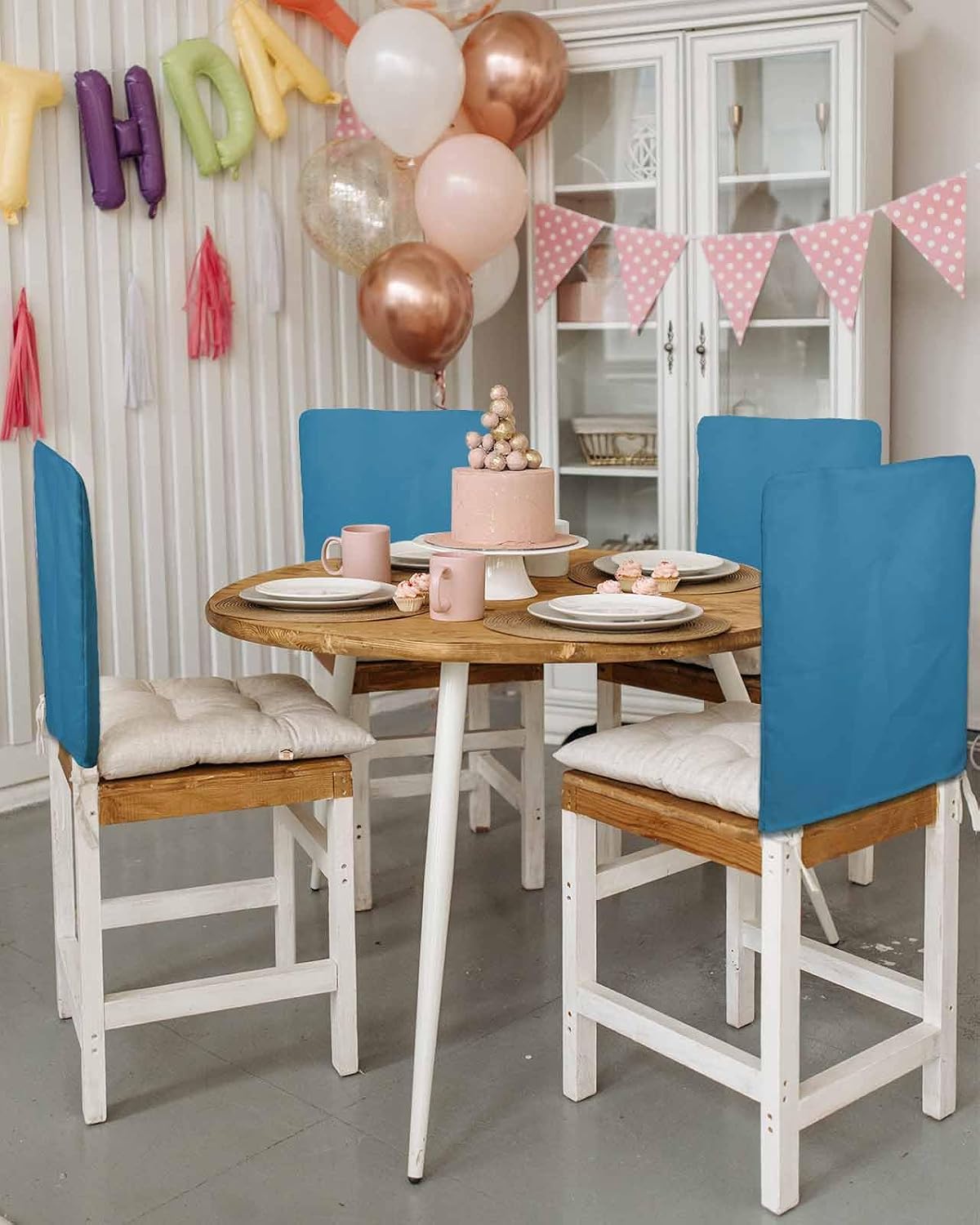 Blue Chair Covers for Dining Room, Farmhouse Solid Blue Color Linen Polyester Back Chair Protector, Rustic Modern Art 4 Pcs Dining Chair Decoration, 20 x 19 Inches
