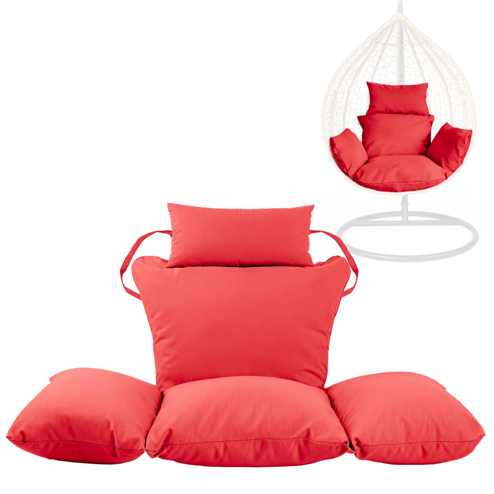 Swing Egg Chair Replacement Cushion, Foldable Water-Resistant Hanging Basket Swing Chair Cushion with Headrest Pillow, Outdoor Porch Backyard Patio Hammock Swing Replacement Cushions (Red)