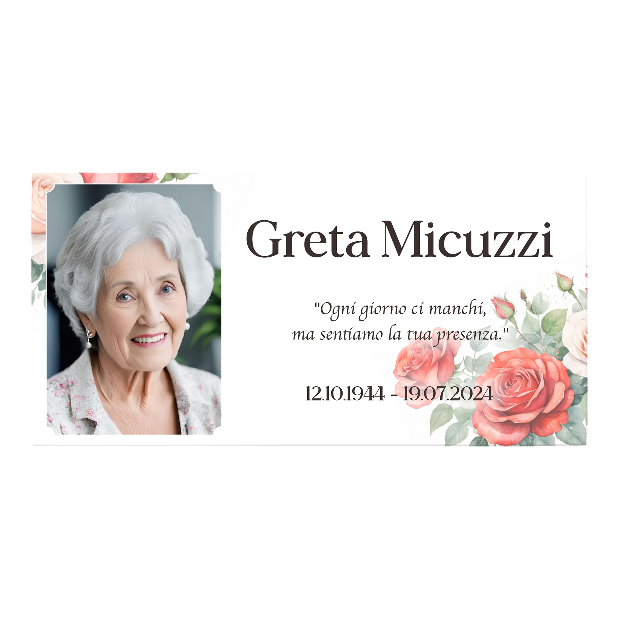 Albalù Targa Commemorativa Modello Rose per Lapide Personalizzata, Foto Ceramica per Targa cimitero, con Foto, Nome, Date e Dedica Personalizzabile