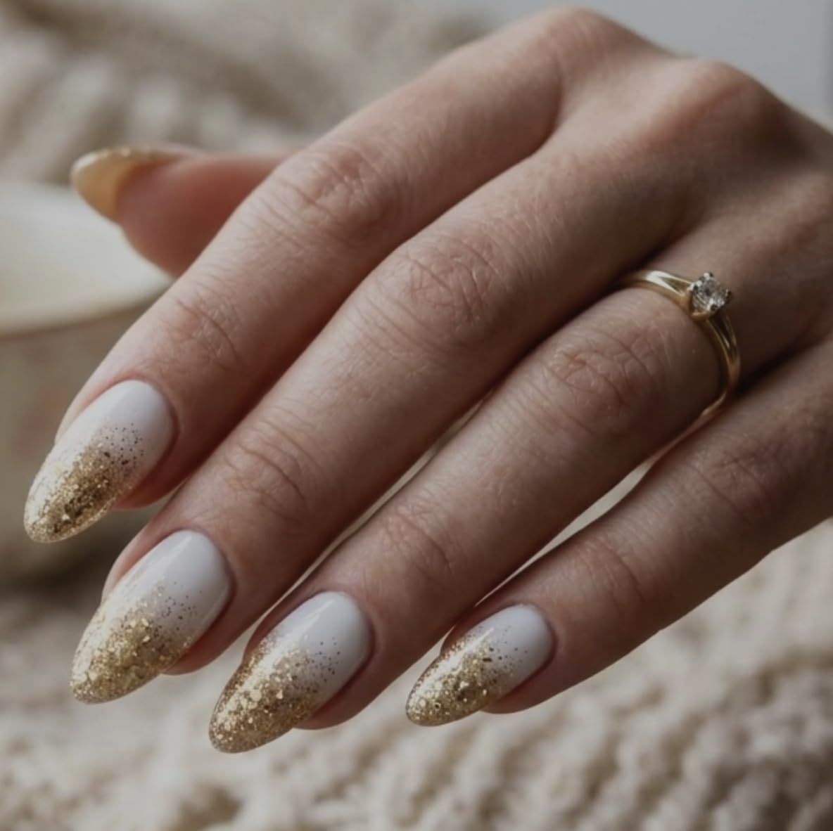 Nailsview Glossy White with Golden Glitter Press on Nails 12 pcs with nails applying kit-image-17
