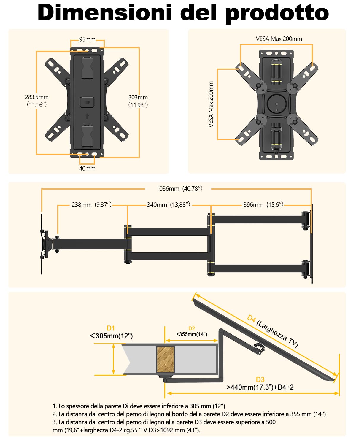 Supporto TV Parete Braccio Extra Lungo 1036mm, 180° Rotazione Supporto TV Monitor per LCD/LED da 13 a 43 Pollici, Braccio TVs Girevole Inclinazione Estensibile Fino a 25kg, VESA 200x200mm