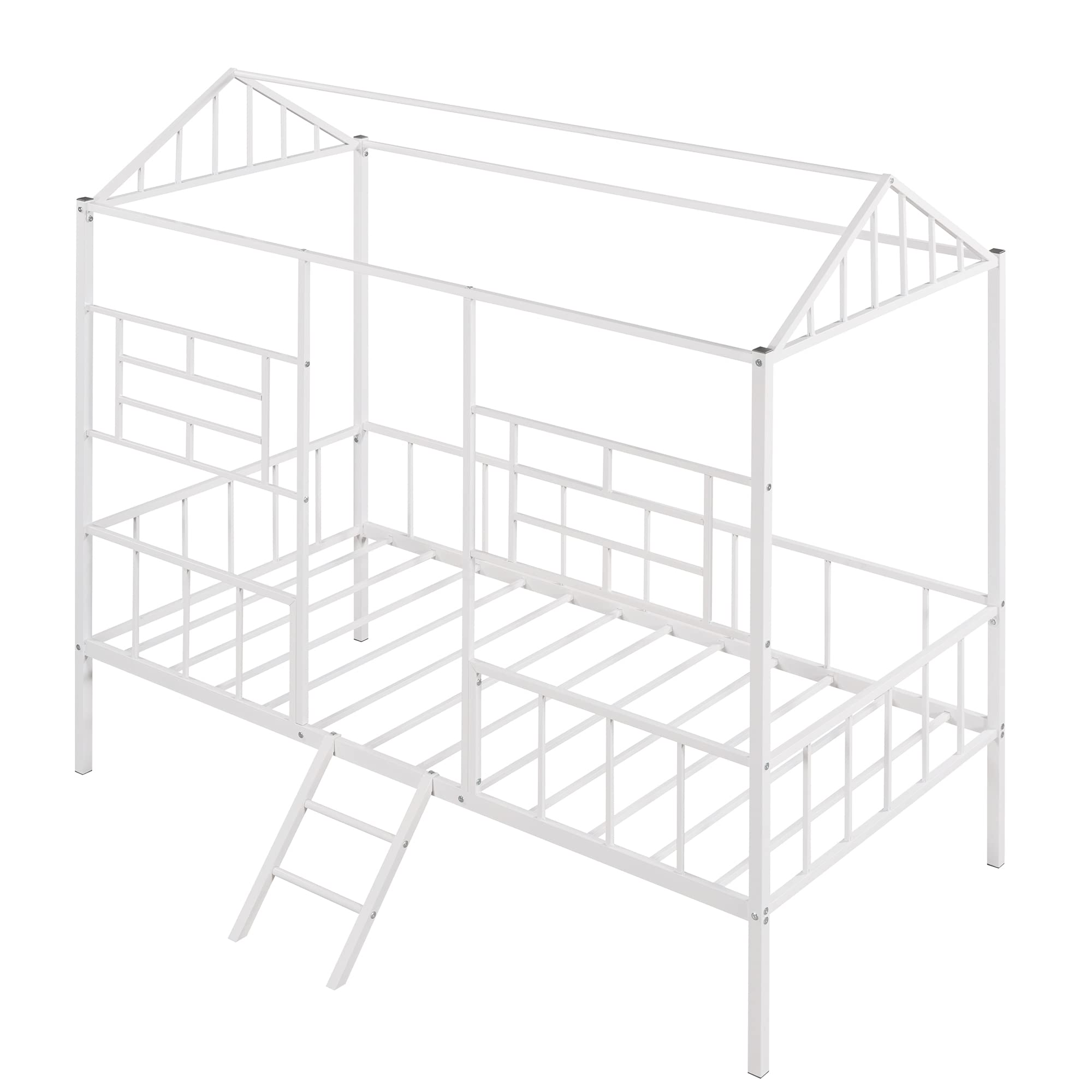 SOFTSEA Metal House Bed Twin Size, Industrial Style Low Twin Loft Bed Twin Platform Bed with Support Slats for Kids