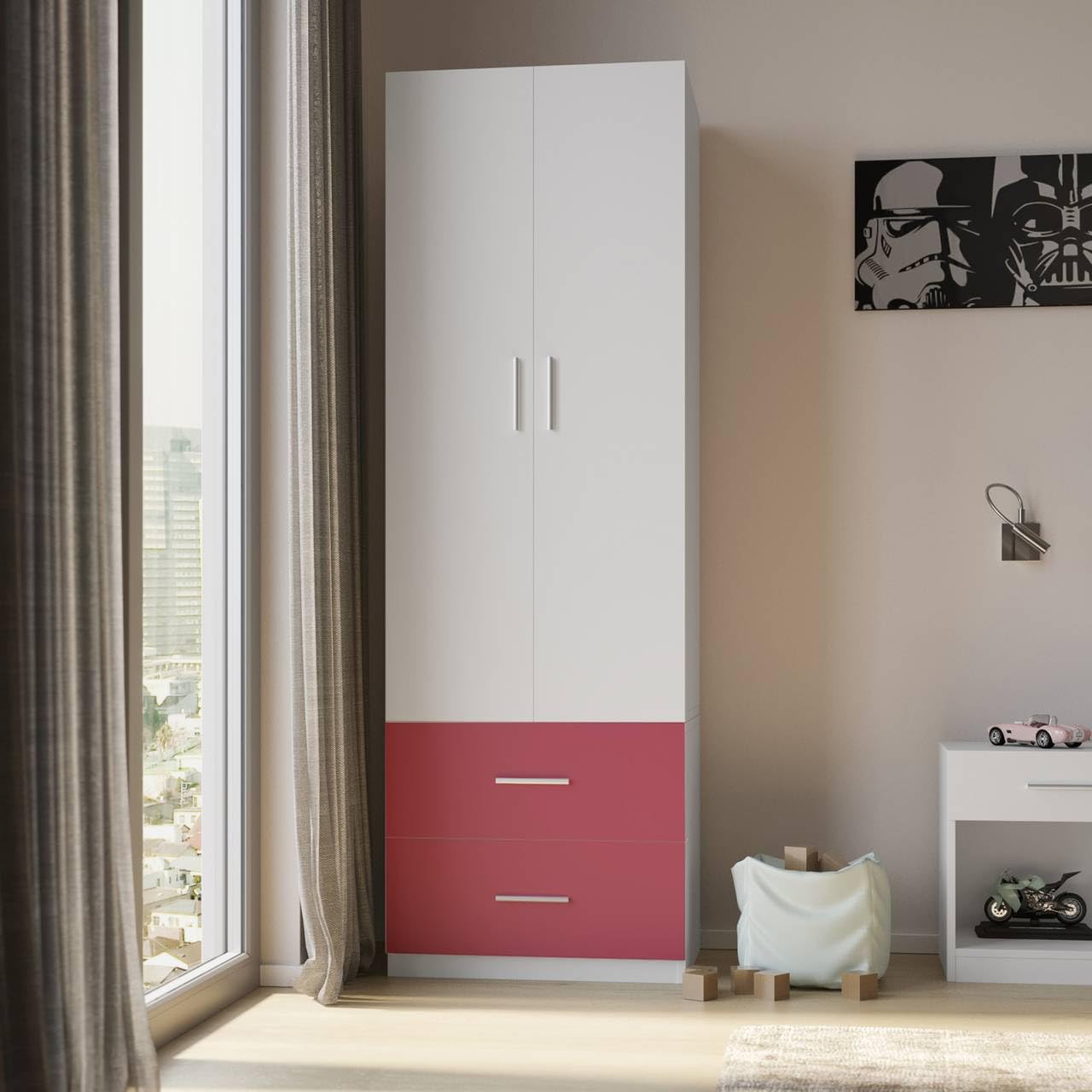 URBNLIVING Modern Kids Large Bedroom Double Wardrobe 2 Doors and 2 Drawers Closet Cupboard Storage Unit (White Carcass + Pink Drawers)