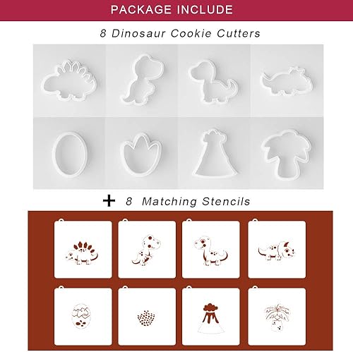 Miniatura 3 de Cortadores de galletas de dinosaurio con plantillas de galletas a juego, juego de 16-8 cortadores de galletas y 8 plantillas, incluye estegosaurio,