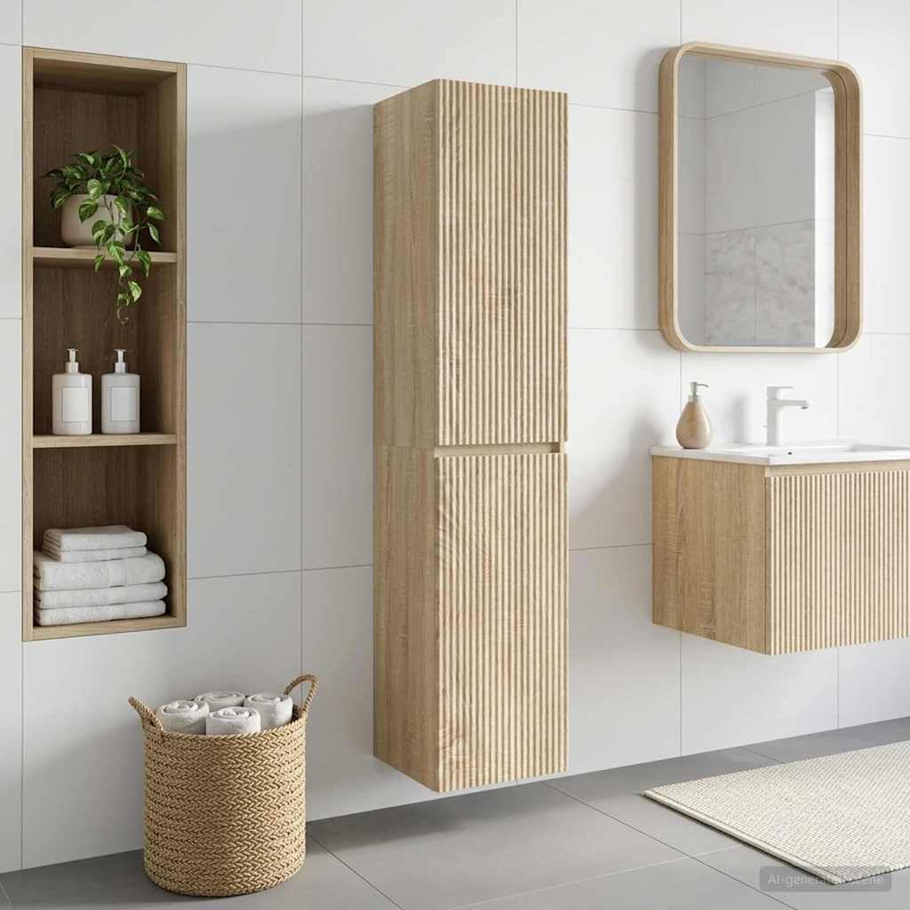 Armadietto da bagno da parete in rovere Sonoma, 33 x 34,5 x 160 cm, con molto spazio e porta a cerniera, per bagno degli ospiti