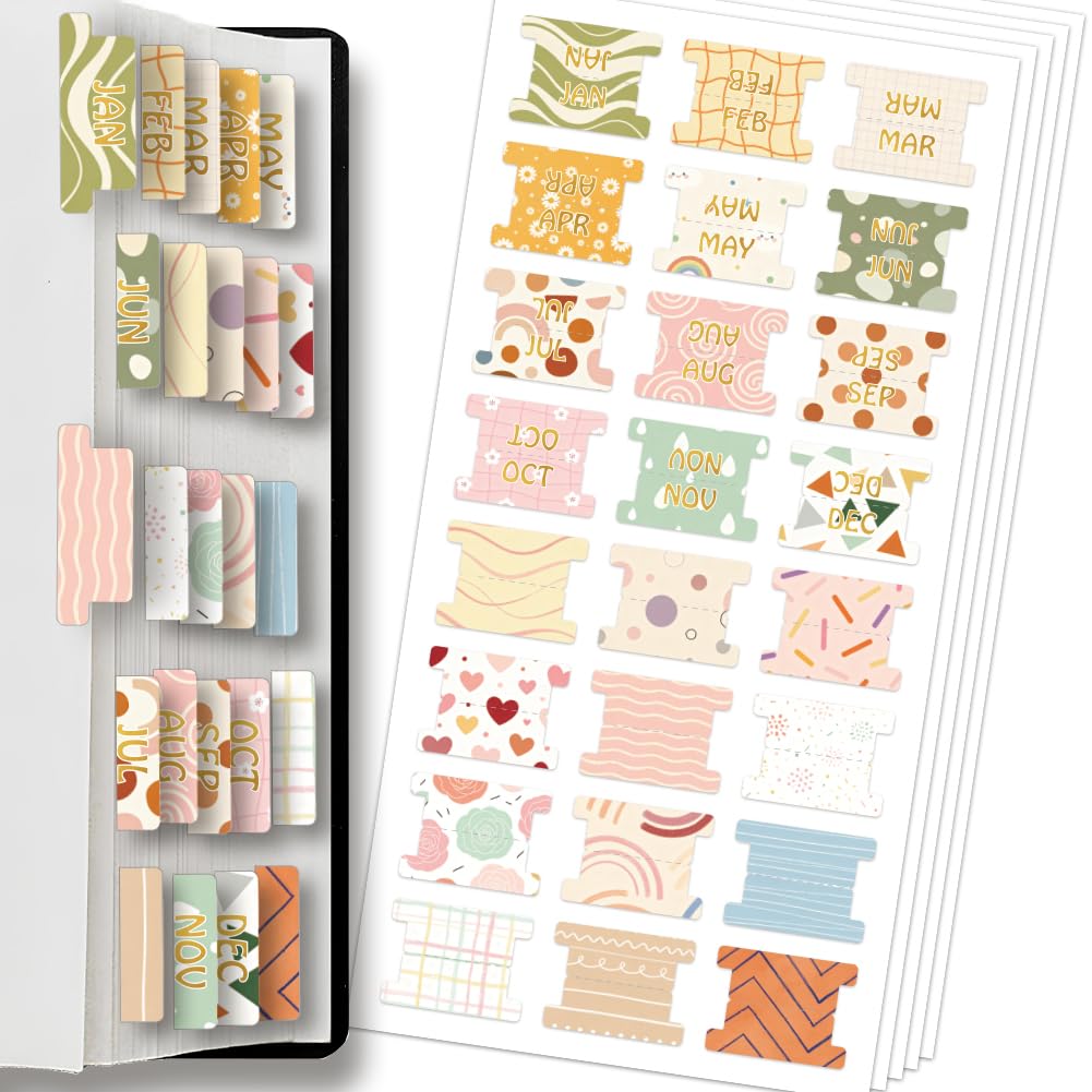 AHANDMAKER 120 Pieces Sticky Monthly Divider Tabs Bible Book Index Tabs Labels Laminated Planner Monthly Tab for Office Study Planners Notebooks Journals, Cute Line Pattern