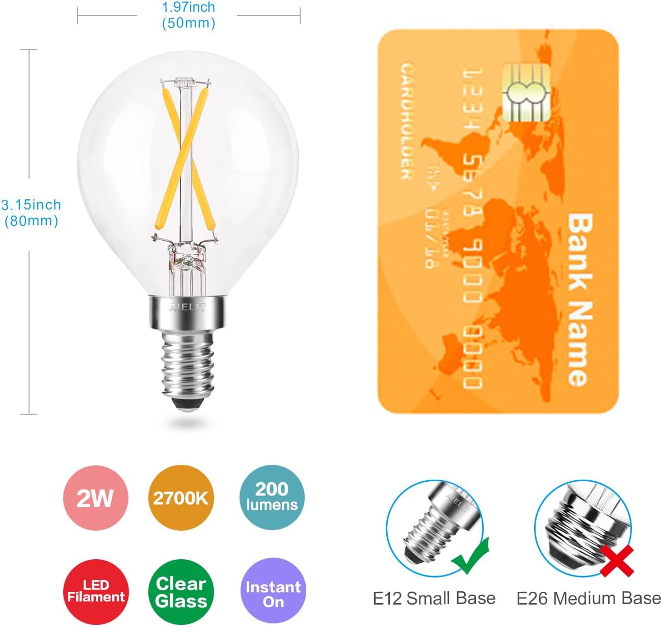 E12 LED Light Bulbs 25-Watt Equivalent (Dimmable), Warm White 2700K, 2W Vintage Clear G15/G50 Globe LED Bulb for Beside Lamp Ceiling Fan Pendant Lights Chandelier Fixture, 200 lm, 8 Pack