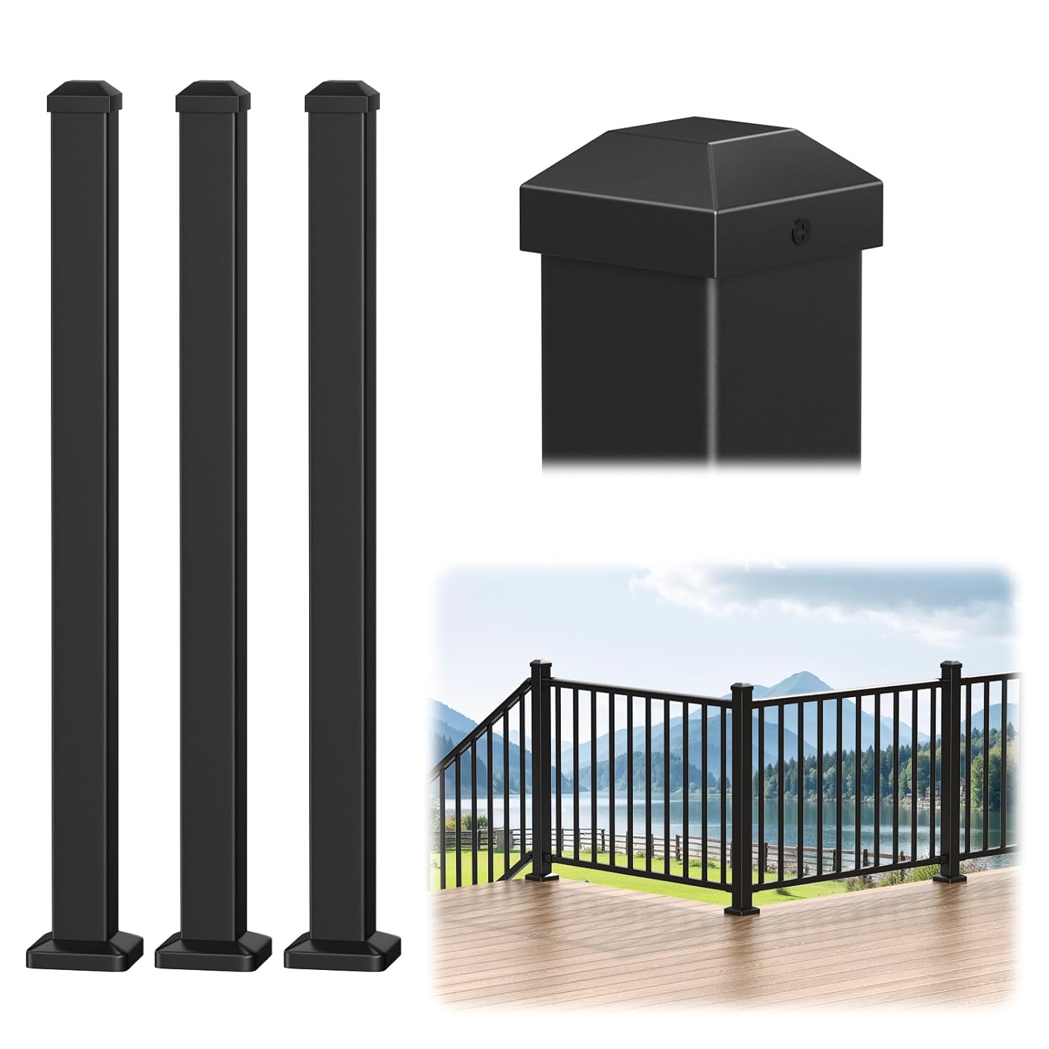 BLIKA 3 Pack 2.56 in. x 2.56 in. x 39 in. Aluminum Deck Railing Posts with Screws, Porch and Deck Railing Post, Matte Black Aluminum Post for Decks, Stair, Balconies, Porches & Fencing