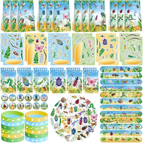 Feestartikelen voor insecteninsecten, 12 goodiebags, 12 mini-notitieblokken, 12 rubberen armbanden, 50 stickers, 12 montagestickers, 12 knoopbadges, 12 klaparmbanden voor