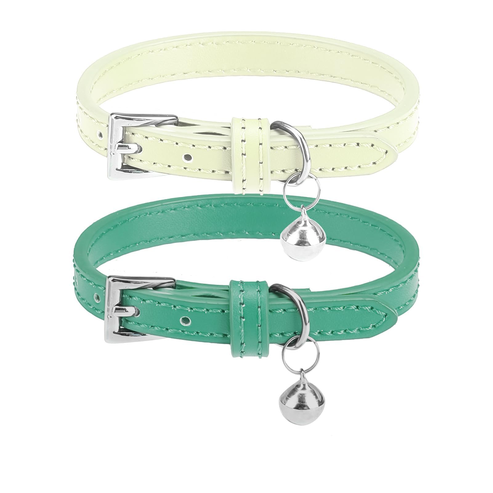 PUPTECK – 2 Pack Soft Genuine Leather Cat & Kitten Collars with Bells Adjustable for Cats & Puppies, Boys & Girls – Blue Green, Bubble Green — image 1