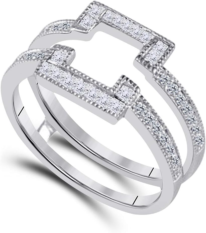 Princess Cut 14K White Gold Plated 3/8 Ct Cubic Zirconia Antique Style Halo Ring Guard for Princess, Round Ring Size 7