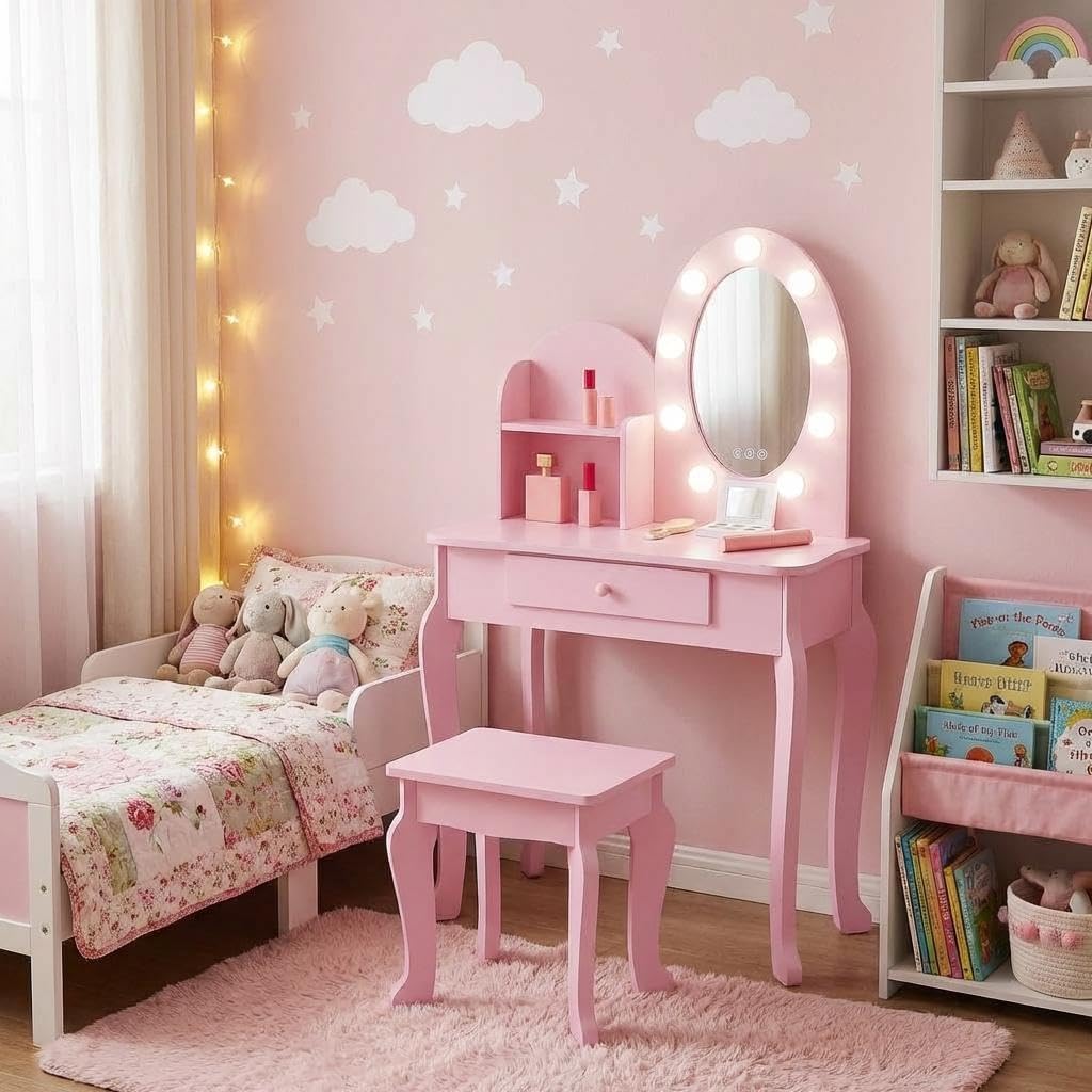 GAOMON Lighted Mirror Kids Vanity Set with Stool – Wooden Makeup Table for Girls, 3 Light Modes, Storage Drawers, Pretend Play Furniture for Toddlers Ages 4-9 – Pink