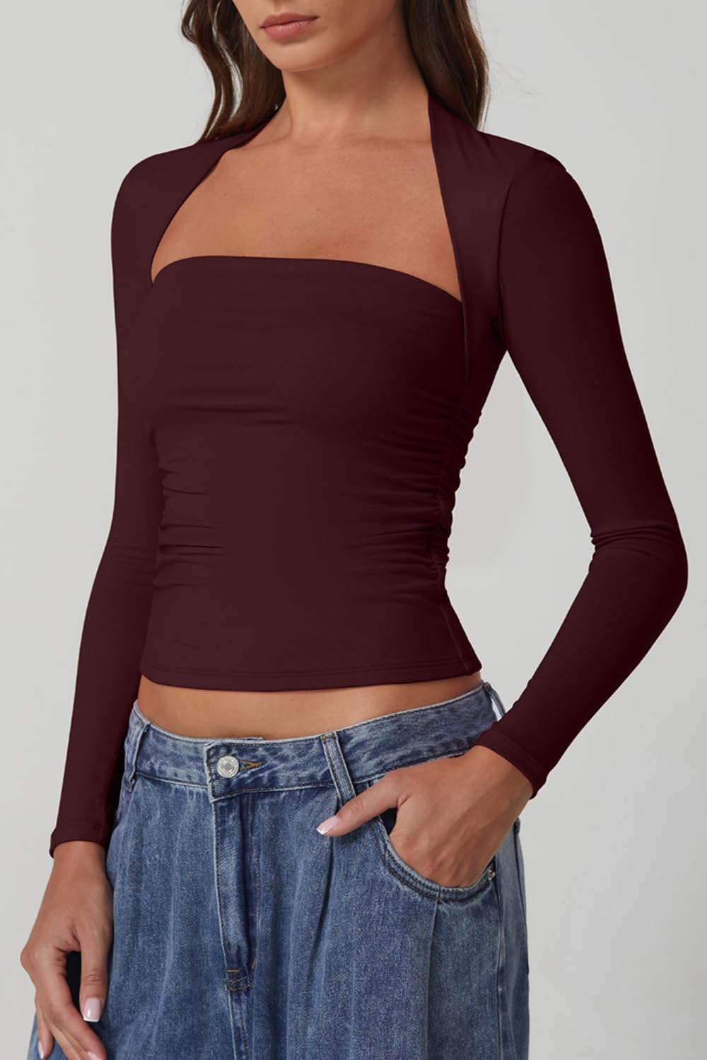 QINSEN Long Sleeve Square Neck Tops for Women Double Lined Side Ruching Going Out Shirts Basic Tee - Image 4