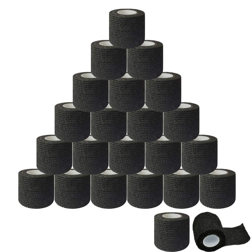 24pcs Tattoo Grip Cover Wrap, s 2 "x 5 yardas desechable Cohesive Tattoo Grip Cinta de vendaje Negro Autoadhesivo Wrap, Cinta de vendaje elástico (24pcs)