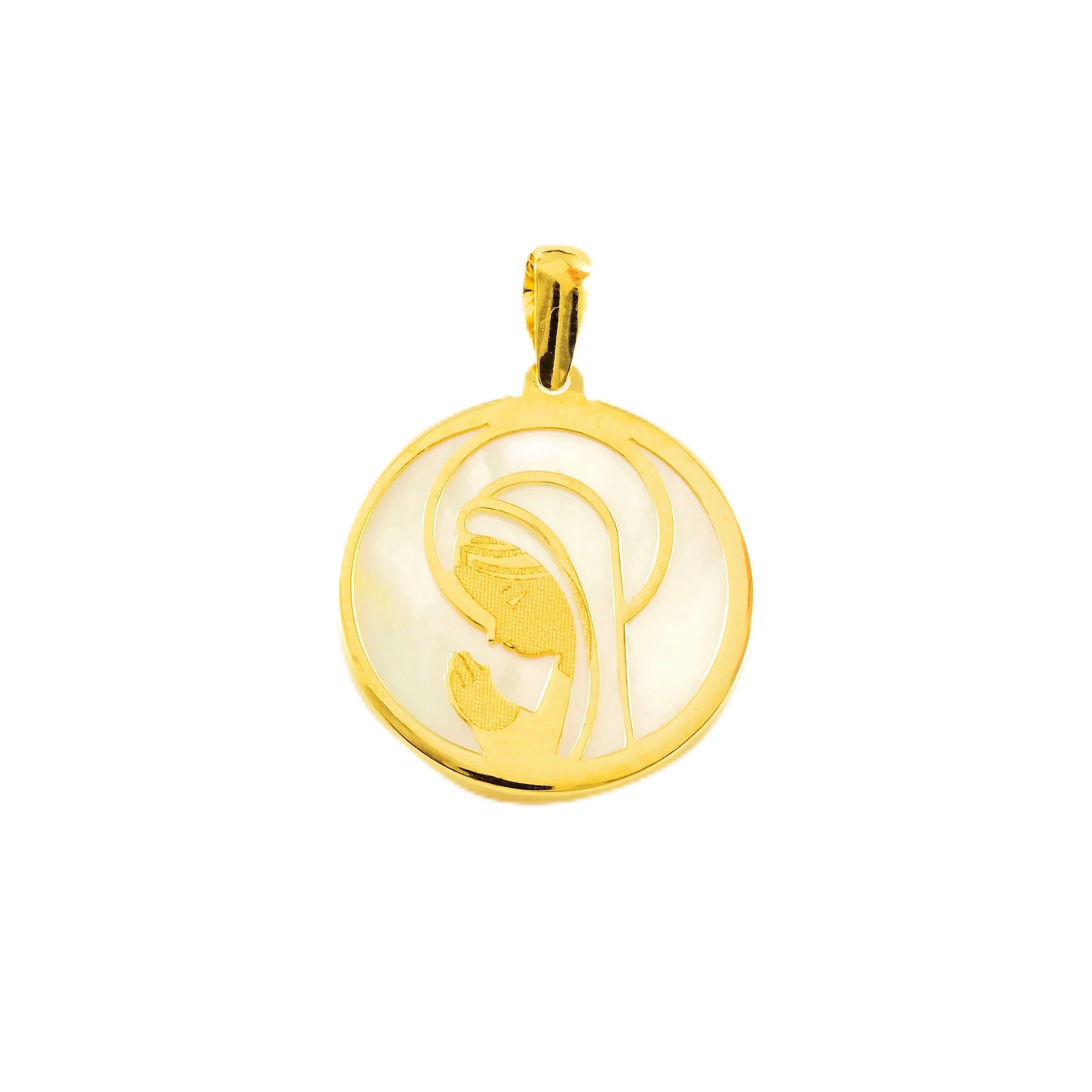 Monde Petit Colgante Oro Amarillo 18K Nacar Redondo Virgen Niña Mate y Brillo - Certificado Garantía - 1572