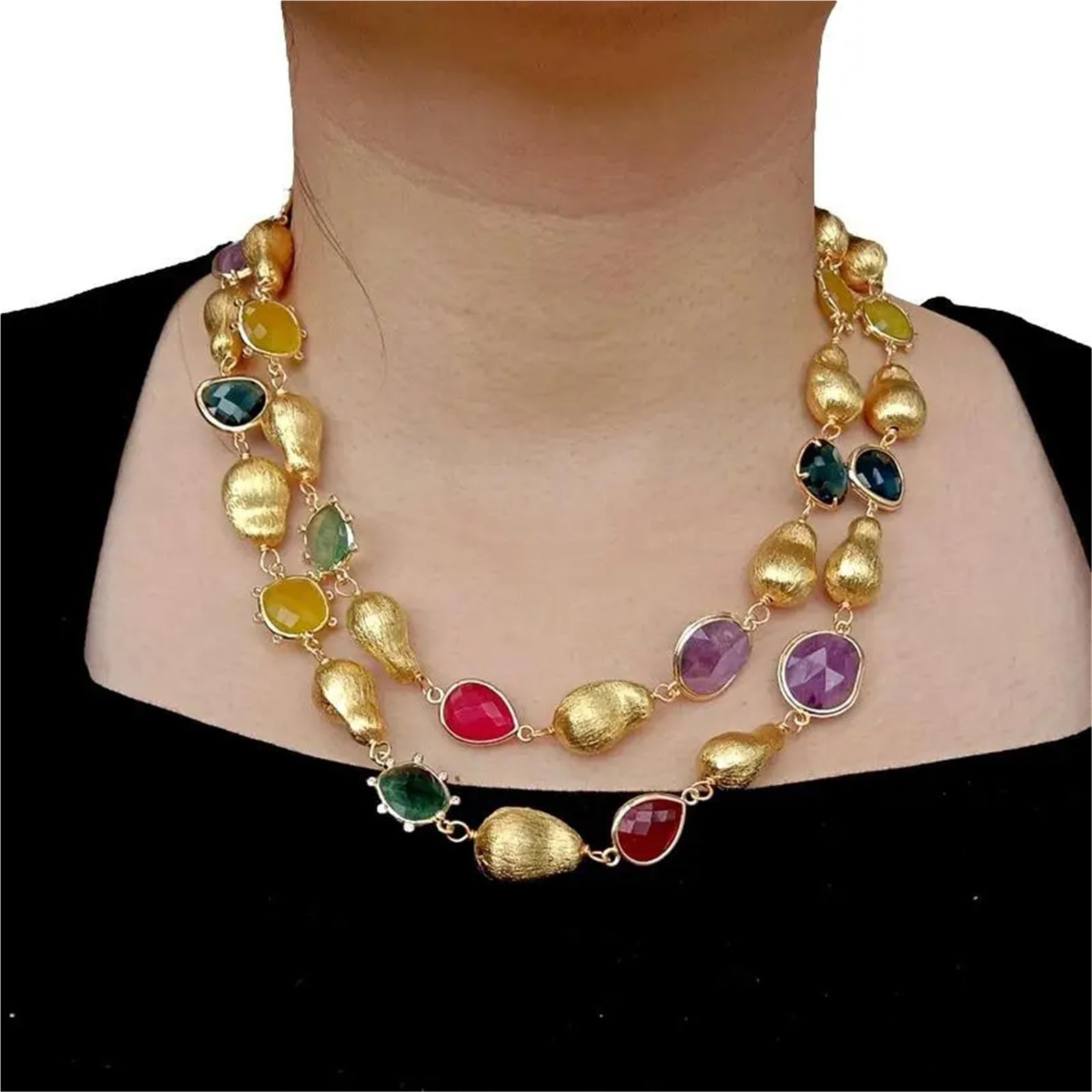 Generico Collana da donna con catena di perline multicolori con pietre preziose naturali