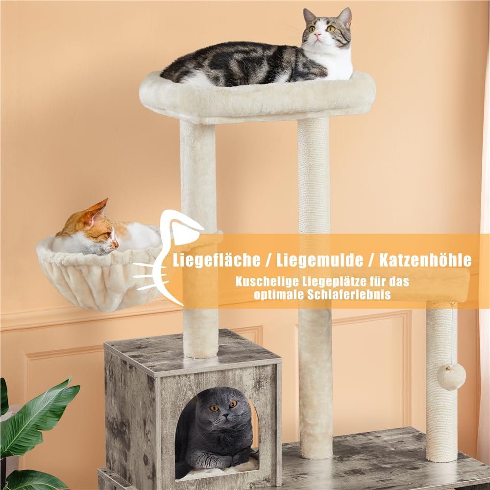Yaheetech Katzenbaum mit Katzenklo Schrank, 134,5 cm hoch, All-in-One Kratzbaum mit Höhle Plattform Liegemulde, Katzenschrank für Katzentoilette, Greige-Beige