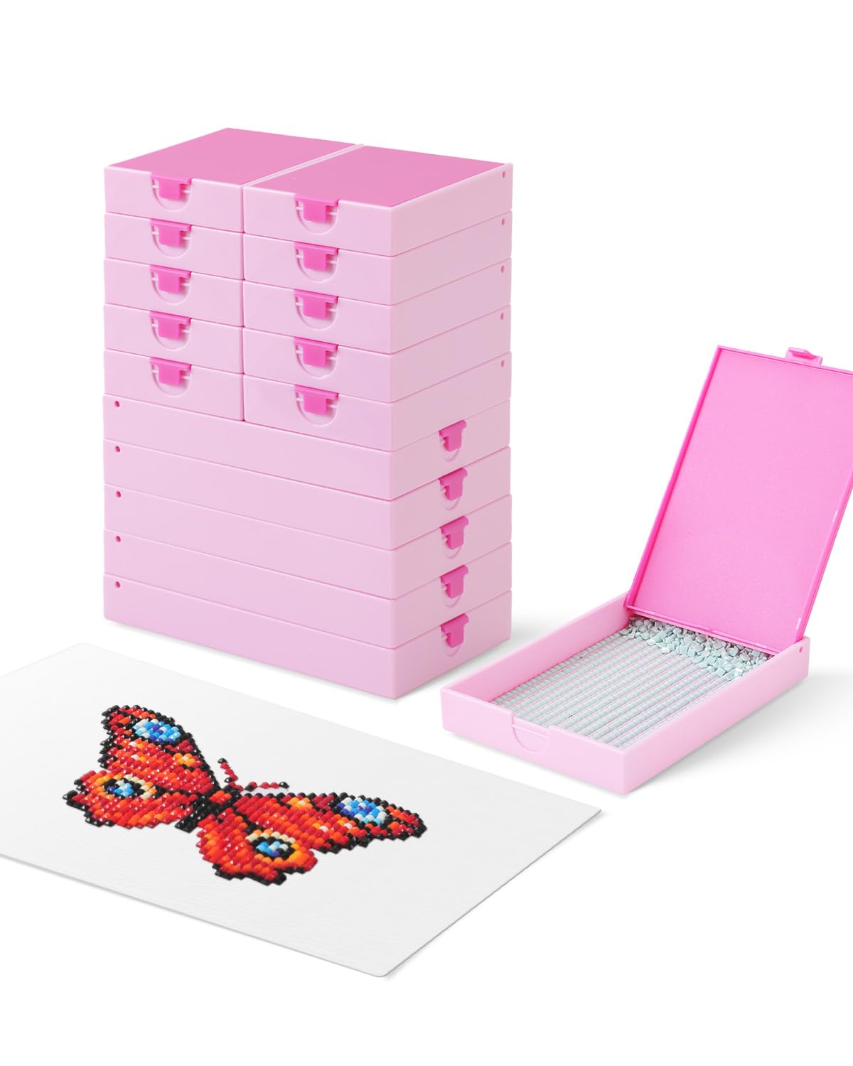 CATEARED 10PCS 2-in-1 Diamond Art Storage, Large Diamond Art Trays with Lids, Craft and Bead Storage Organizer & Line-Up, Box Package (Light Pink, 15 piece Tray Kit)