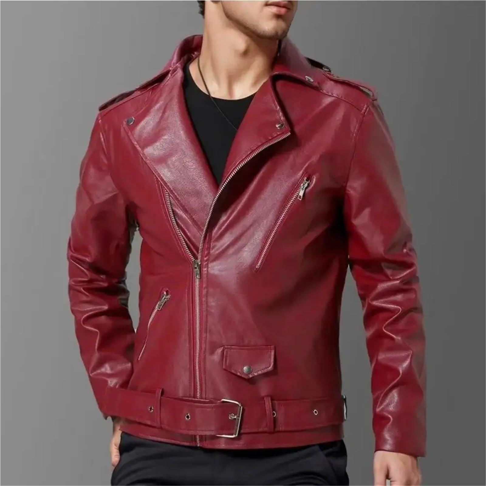 Chaqueta Cuero Mujer Chaqueta de piel sintética for hombre, estilo moderno, corte entallado, con cremallera diagonal y ajuste cinturón Para salir